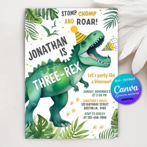 Invito di compleanno a tema dinosauro, invito a tema Three-Rex, festa di compleanno a tema 3 Rex, modello di invito per festa a tema dinosauro, invito modificabile su Canva