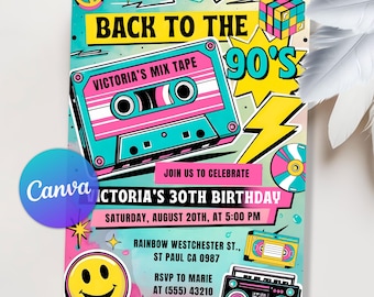Invito per festa di compleanno anni '90, festa di compleanno anni '90, festa retrò, festa in casa, festa a tema retrò anni '90, modello Canva modificabile