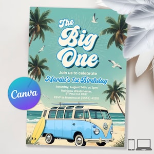 The Big One Surf Birthday Invitation, Boy The Big One Surfing 1st Birthday Party, Boy Surf Van Surfboard Beach Party, Editable Invitation