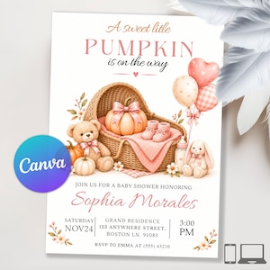Puede incluir: Una invitación de baby shower con una cesta de mimbre, una calabaza, un osito de peluche, patucos y un conejo. El texto dice: A sweet litle PUMPKIN is on the way, JOIN US FOR A BABY SHOWER HONORING Sophia Morales, SATURDAY NOV24, GRAND RESIDENCE 123 ANYWHERE STREET, BOSTON LN. 91083, 3:00 PM, RSVP TO EMMA AT (555) 43210.