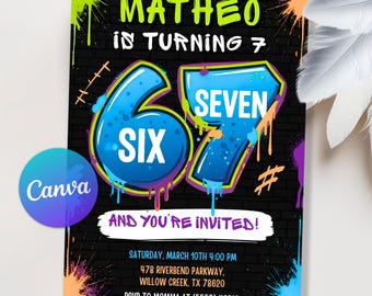 Invitación de cumpleaños Six Seven, invitación de cumpleaños de 6 años y ahora de 7, invitación de cumpleaños de grafiti, meme 6 7, séptimo cumpleaños de niño, Canva editable