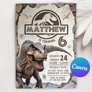 Convite para festa de aniversário de dinossauro, convite para festa de dinossauro T-rex, convite de dinossauro, convite de aniversário de menino dinossauro, modelo editável Canva