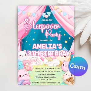 Sleepover Birthday Invitation, Slumber Party, Pajama Party, Sleepover Birthday Invitation for Girls Birthday Party, Editable Canva Template