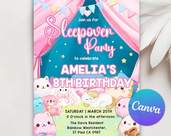 Sleepover Birthday Invitation, Slumber Party, Pajama Party, Sleepover Birthday Invitation for Girls Birthday Party, Editable Canva Template