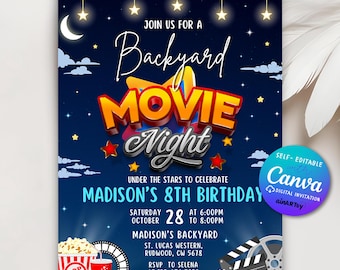 Backyard Movie Night Birthday Party Invitation, Birthday Movie Night Birthday Invitation Cinema Birthday Party Invite, Canva Editable Invite