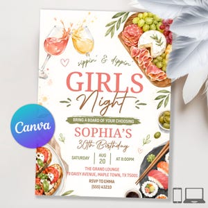 May include: A party invitation featuring watercolor illustrations of wine glasses, a charcuterie board, and sushi. Text reads: sippin' & dippin' GIRLS NIGHT, BRING A BOARD OF YOUR CHOOSING, SOPHIA'S 30th Birthday, SATURDAY AUG 20 AT 8:00PM, THE GRAND LOUNGE.