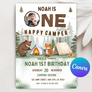 camp birthday theme,happy camper invite,happy camper bear,Camp first birthday,One happy camper,Lumberjack birthday,Lumberjack party,Camping invitation,boy happy camper,Camping 1st Birthday,happy camper party,1st Birthday,editable invitation