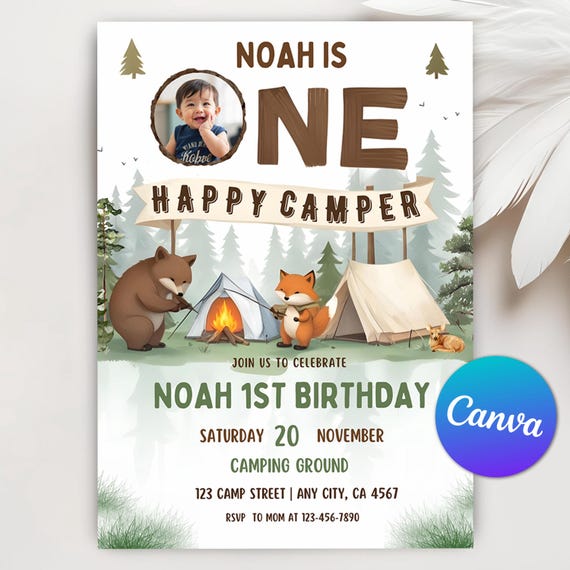 One Happy Camper Birthday Invitation,  Boy First  Birthday, Boy Happy camper Invitation, Camping 1st Birthday, Canva Editable Invitation