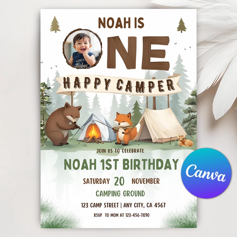 camp birthday theme,happy camper invite,happy camper bear,Camp first birthday,One happy camper,Lumberjack birthday,Lumberjack party,Camping invitation,boy happy camper,Camping 1st Birthday,happy camper party,1st Birthday,editable invitation