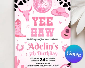 Editable Pink Cowgirl Invitation Birthday party, Space Cowgirl Birthday Invitation Template, Yee Haw Cowgirl Party, Printable Canva Template