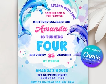 Dolphin Birthday Party Invitation, Rainbow Dolphin Party Under The Sea Girl Birthday Invitation, Girl Invitation, Editable Canva Template