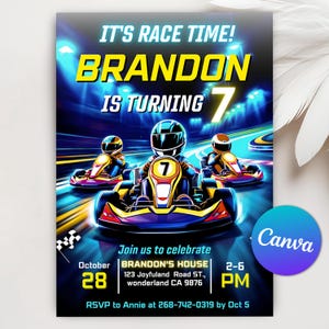 Bearbeitbare Go Kart-Geburtstags-Einladung, Go Kart-Party-Einladung, Kart-Einladung, Jedes Go Kart-Rennen laden die druckbare Canva-Vorlage ein