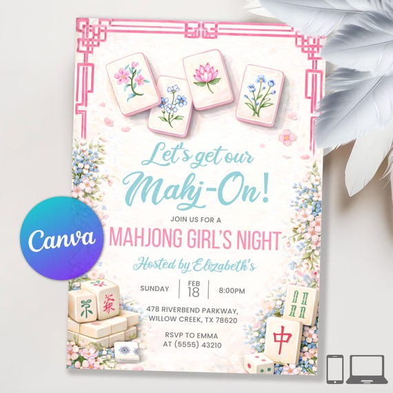 Mahjong Invitation, Mahjong  Girls Game Night Invitation, Mahjong Party Invite, Girls Night Party, Mahjong Game Night Invite, Editable Canva