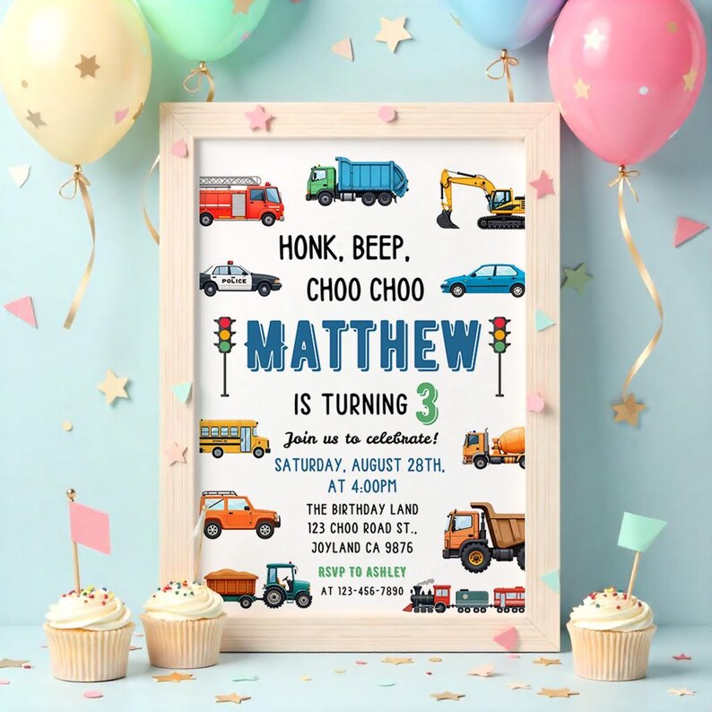 City Transportation,Beep,Choo Choo Train,3rd birthday,Cars Birthday Invite,Truck Birthday,editable invitation,car invitation,truck birthday,cars birthday invite,car birthday invite,kids birthday invite,Cars Birthday,Truck and Cars