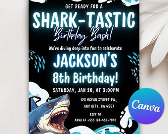 Invitación de cumpleaños de tiburón editable, invitación de tiburón, tema de cumpleaños de tiburón, invitación de niño, invitación de tiburón, plantilla de invitación imprimible de Canva