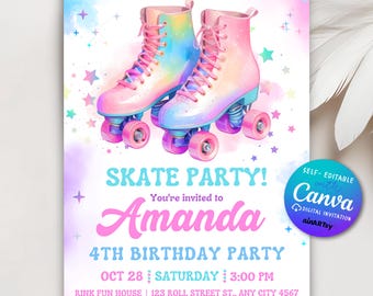 Roller Skating Birthday Invitation, Girl Roller Skating Invitation, Pink Purple Girl Kids Skate Birthday Party, Editable Canva Template