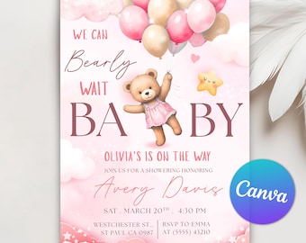 We Can Bearly Wait Baby Shower Invitation, Bear Baby Shower Invite, Pink Girl Baby Shower We Can Bearly Wait Invite, Editable Canva Template