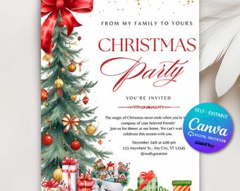 May include: A festive Christmas party invitation featuring a watercolour illustration of a decorated Christmas tree, gifts, and a red bow. The invitation text reads "Christmas Party" and includes event details. A Canva digital invitation is also featured.