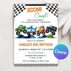 Monster Truck Birthday Invitation, Boom Crash, Monster Truck Bash, Boys 2nd Birthday Invite, Monster Jam Party, Canva Editable Template