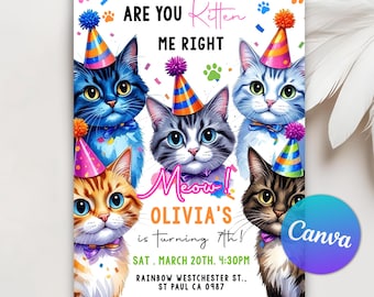 Invitación de cumpleaños de gato, invitación de cumpleaños con temática de gato, invitación de cumpleaños "Let's Pawty", cumpleaños de "Eres un gatito", invitación editable de Canva