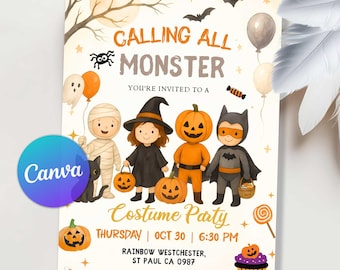 Halloween Costume Party Invitation, Calling All Monsters Halloween Birthday Invitation, Kids Costume Party Birthday Invite, Editable Canva