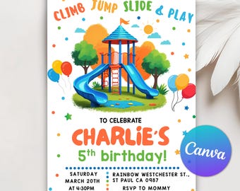 Playground Birthday Invitation, Party in the Park Outdoor Birthday Invite, Jungle Gym Party, Run Jump Slide Play, Canva Editable Template