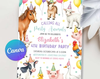 May include: A colorful birthday party invitation featuring watercolor illustrations of farm animals wearing party hats. The invitation text reads "Calling All Party Animals" and announces a 4th birthday party.
