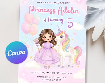May include: A pastel-colored invitation with a princess and unicorn theme. The invitation features a cartoon illustration of a girl in a purple dress holding a wand, next to a unicorn. The text reads "Princess Adelin is turning 5".