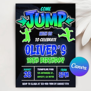 Trampoline Park Birthday Party Invitation, Jumping Party Invitation, Trampoline Park Invite, Let&#39;s Jump Party, Editable Canva Template