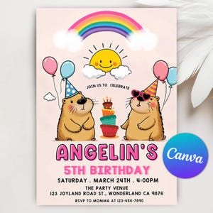 Capybara Birthday Invitation, Capy Birthday Invitation, Capybara Kids Party Theme, Animal Kid&#39;s Girl Birthday, Editable Canva Template