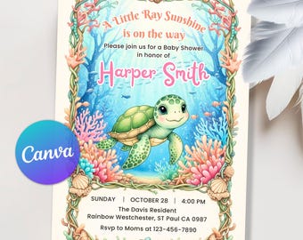Zaproszenie na baby shower z motywem żółwia morskiego, Zaproszenie na baby shower z motywem podwodnego świata, Baby shower dla chłopca z motywem oceanu, Edytowalny Canva