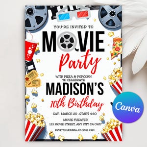 Movie Birthday Invitation, Backyard Movie Night Invite, Cinema Birthday Invites, Sleep Over, Editable Movie Night Invitation Canva Template