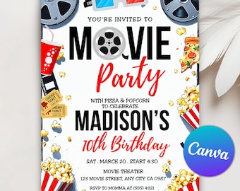 May include: A movie party invitation with a red and black color scheme. The invitation features a film reel, popcorn, pizza, and 3D glasses. The text reads "You're invited to Movie Party with pizza & popcorn to celebrate Madison's 10th Birthday. Sat. March 20. Start 4:30 Movie Theater 123 Movie Street, Any City CA 0987 RSVP to Momma at (555) 4321."