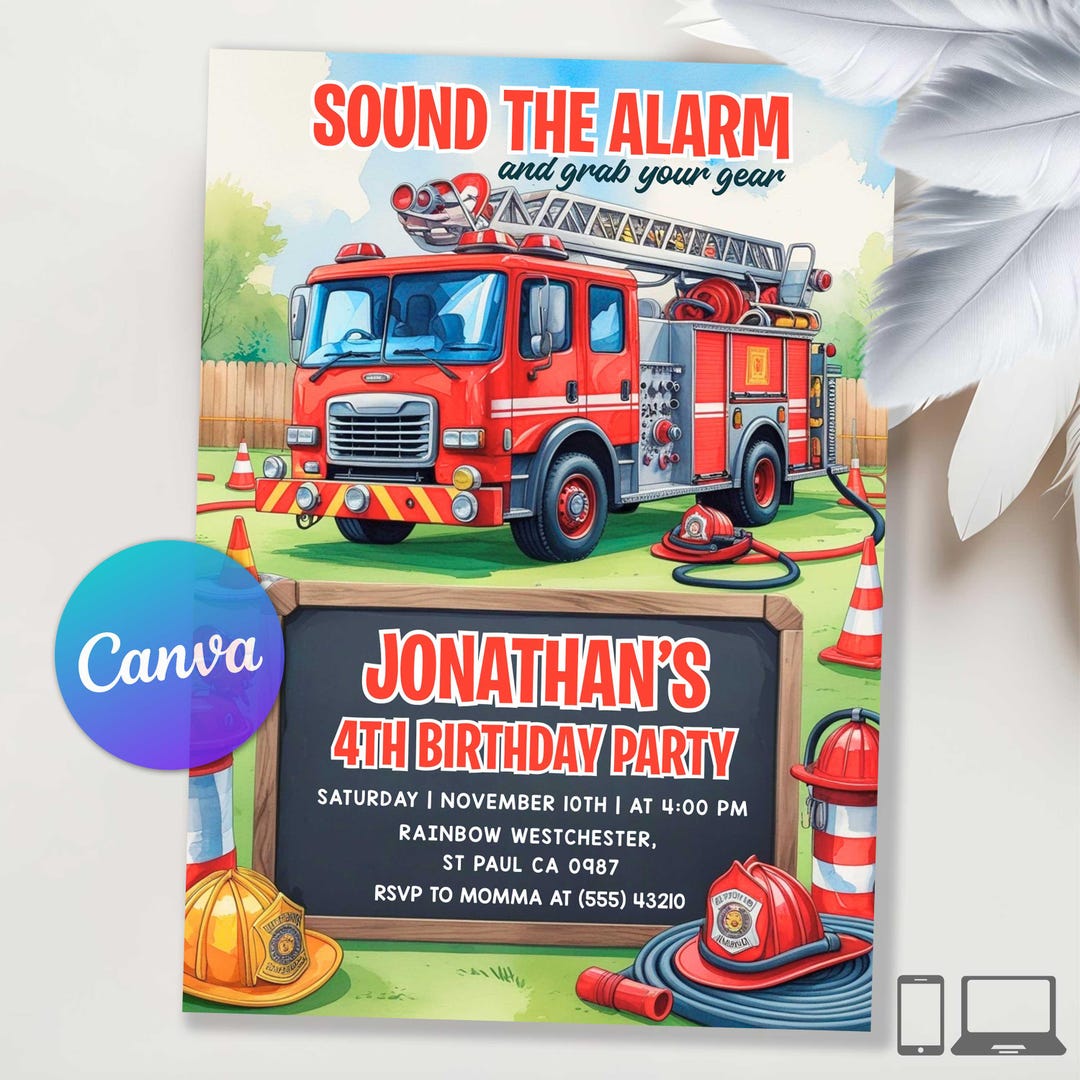 Firetruck Birthday Invitation, Firefighter Big Truck Fireman Party ...