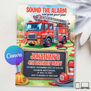 May include: A colorful invitation for Jonathan's 4th birthday party, featuring a red fire truck with a ladder. The text "SOUND THE ALARM and grab your gear" is at the top. Details include the date, time, and location in St. Paul, CA.
