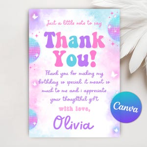 Könnte beinhalten: Eine rosa und blaue Dankeskarte mit einem Discokugel-Design. Die Karte sagt "Just a little note to say Thank You!" und "Thank you for making my birthday so special. It meant so much to me and I appreciate your thoughtful gift with love, Olivia."