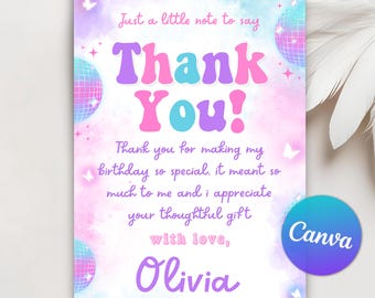 May include: A pink and blue thank you card with a disco ball design. The card says "Just a little note to say Thank You!" and "Thank you for making my birthday so special. It meant so much to me and I appreciate your thoughtful gift with love, Olivia."