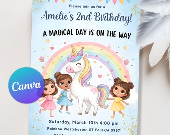 May include: A birthday invitation featuring a unicorn, rainbow, and three cartoon girls. The invitation reads "Amelie's 2nd Birthday! A Magical Day is on the Way." The design includes pastel colors, stars, and a Canva logo.