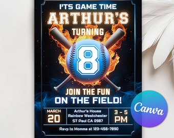 Baseball-Geburtstagseinladung, Sport-Geburtstags-Einladung, Baseball-Einladung, Einladung zum Thema Jungensport, Canva bearbeitbare Vorlage