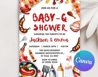 Baby-Q Babypartyeinladung, Baby Q Hinterhof Paare Bbq-Einladung, BBQ-Babyparty-Party einladen, Hinterhof-Babyparty, Canva Bearbeitbar