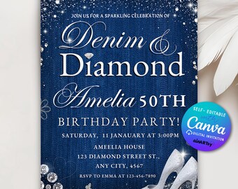 Bewerkbare uitnodiging denim en diamant, moderne glitter glitterjuwelen, blauwe spijkerbroek bling verjaardagsuitnodiging, afdrukbare canva-sjabloon