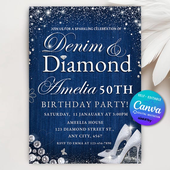 Editable Denim and Diamond Invitation, Modern Glitter Sparkle Jewels, Blue Jeans Bling Birthday Invitation, Printable Canva Template