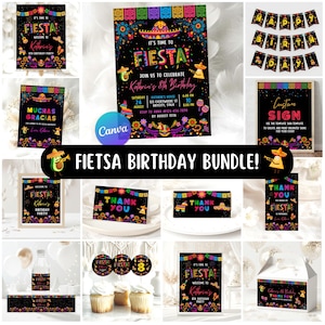 May include: A collection of Fiesta-themed party supplies, including invitations, banners, signs, and thank you cards. The designs feature vibrant colors, sombreros, and musical instruments, perfect for a birthday celebration.