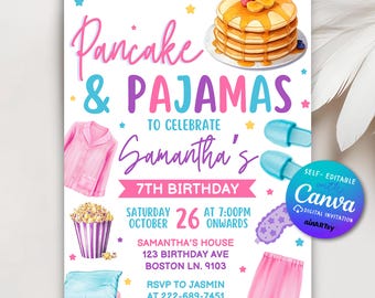 May include: A colorful invitation for a pancake and pajamas party to celebrate Samantha's 7th birthday. The invitation features a stack of pancakes, a pink pajama top, a pair of blue slippers, a popcorn bucket, a pink pillow, a pink pajama bottom, and a sleep mask. The text on the invitation reads "Pancake & Pajamas to celebrate Samantha's 7th Birthday. Saturday October 26 at 7:00pm onwards. Samantha's House 123 Birthday Ave Boston Ln. 9103 RSVP to Jasmin at 222-689-7451."