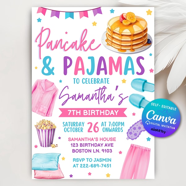 Invito con pancake e pigiama, invito di compleanno con pancake e pigiama, invito con pancake, festa di compleanno per bambine, modello Canva modificabile