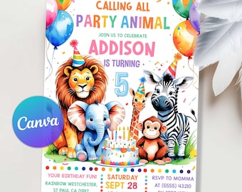 Party Animals Birthday Invitation, Safari Wild Animals Party, Safari Party Calling All Party Animals, Kids Birthday Invite, Editable Canva