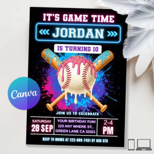 Peut inclure: Une invitation d'anniversaire sur le thème du baseball. L'invitation présente le texte "IT'S GAME TIME" et "JORDAN IS TURNING 10". Un ballon de baseball avec de la crème glacée fondante et des battes de baseball croisées est au centre. L'invitation comprend les détails de l'événement.