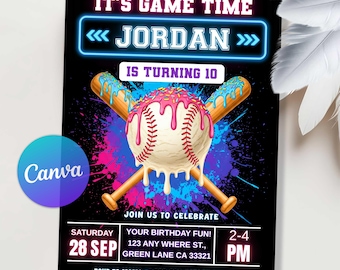 Baseball Ice Cream Drip Birthday Invitation, Baseball Ice Cream neon party, Ice Cream Drip Invite, Baseball Drip Invite, Editable Canva