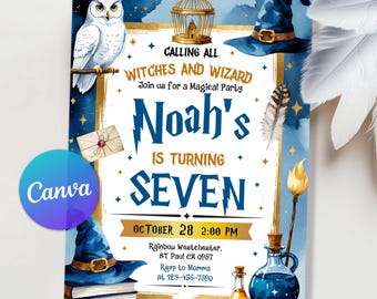 Wizards Witches Birthday Invitation, Magical School Party Wizardry Birthday Party Invite, Wizarding World Birthday Invite, Editable Canva