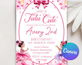 Tutu Cute Birthday Invitation, Ballerina Invitation, Girl 2nd Birthday Invite, 2nd Birthday Girl Ballerina Party, Canva Editable Template